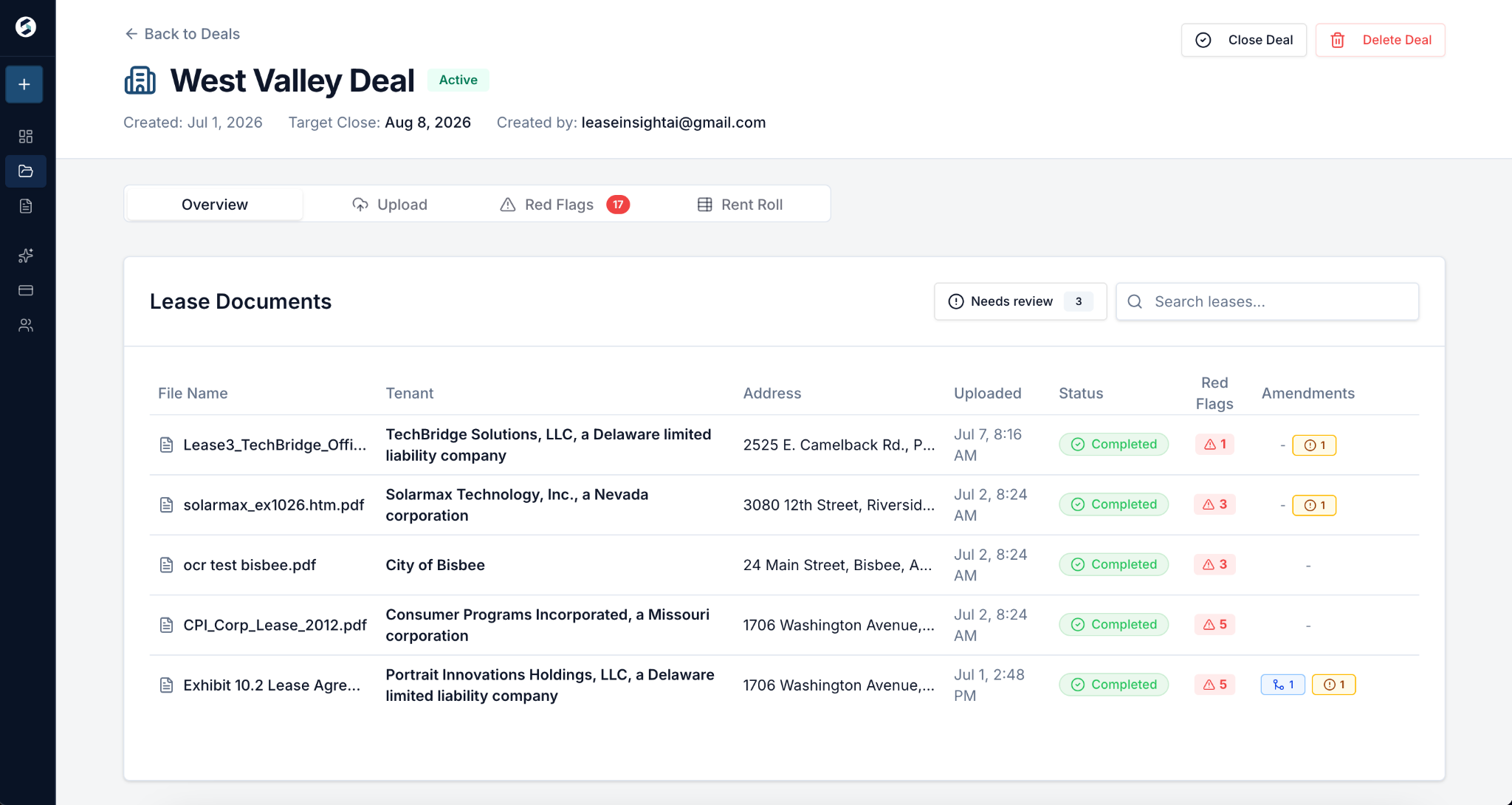 Specdra deal workspace showing lease documents, review status, red flags, and amendments